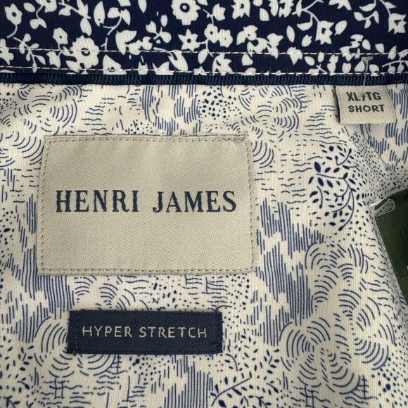 Henri James Shirt Mens XL Short White Blue Abstract Print Hyper Stretch Casual - Picture 4 of 11